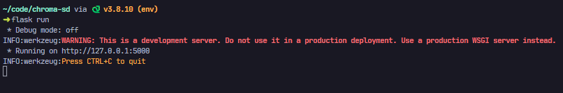 The output of flask run command. The service is running on localhost port 5000